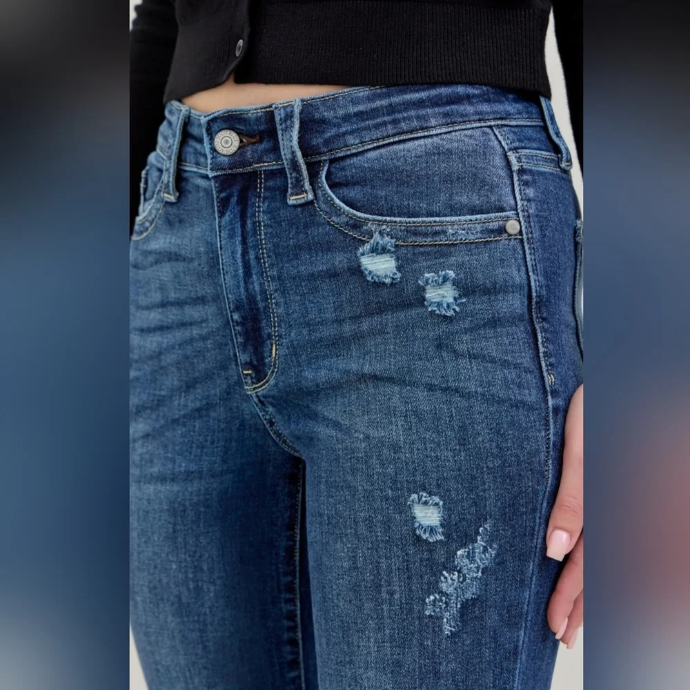 Judy Blue Mid Rise Dark Wash Hand Sand Distressed Bootcut Denim Jeans 13/31 NEW - Picture 15 of 16